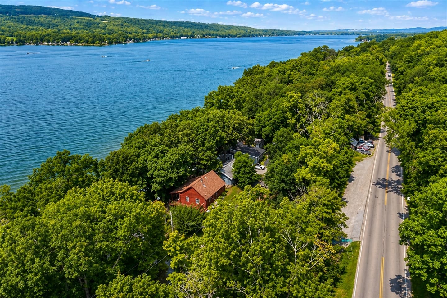 Aerial view of the lakeside road and shoreline