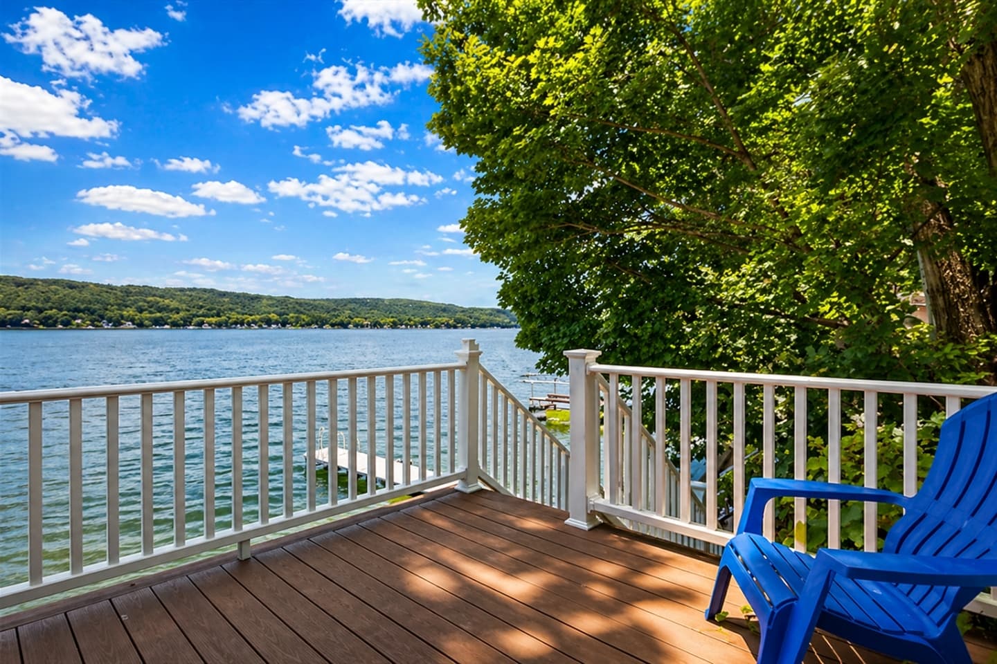 Open deck with lake and mountain views