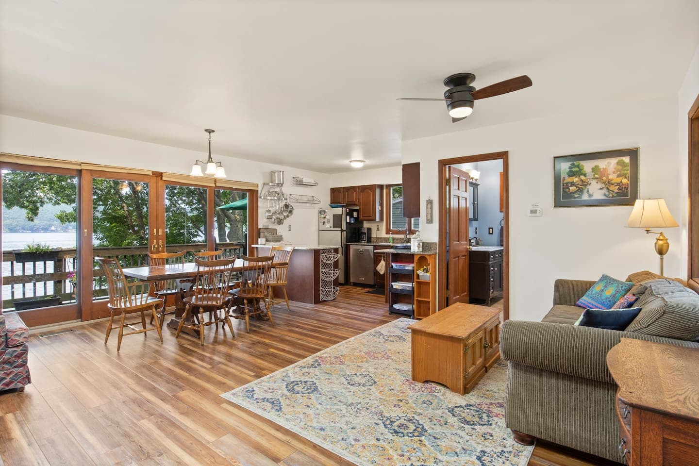 Open living and dining area with lake views