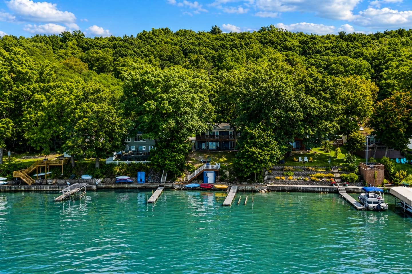 Aerial view of the wooded lakefront property