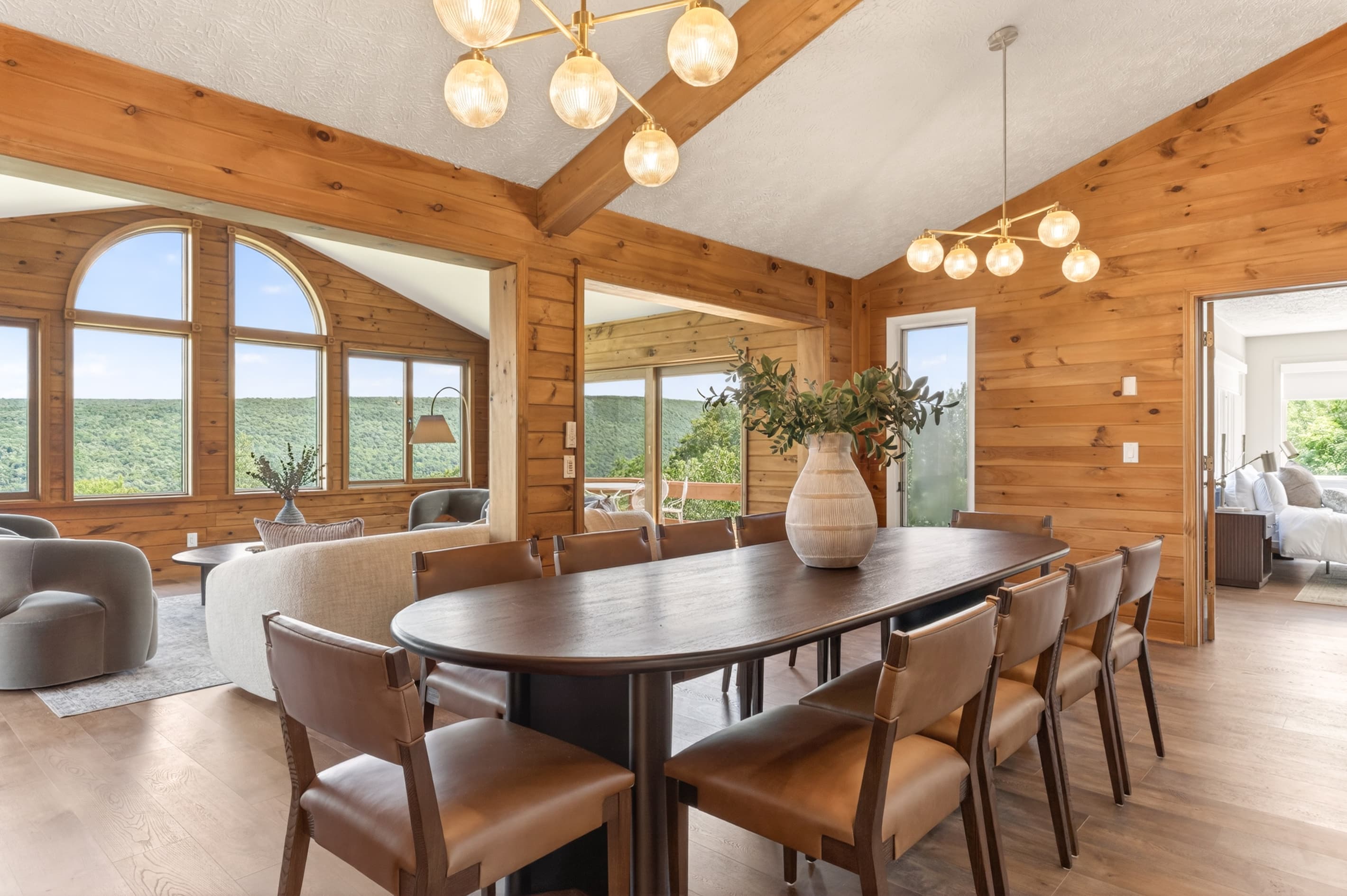 Dining area with vaulted wood ceiling
