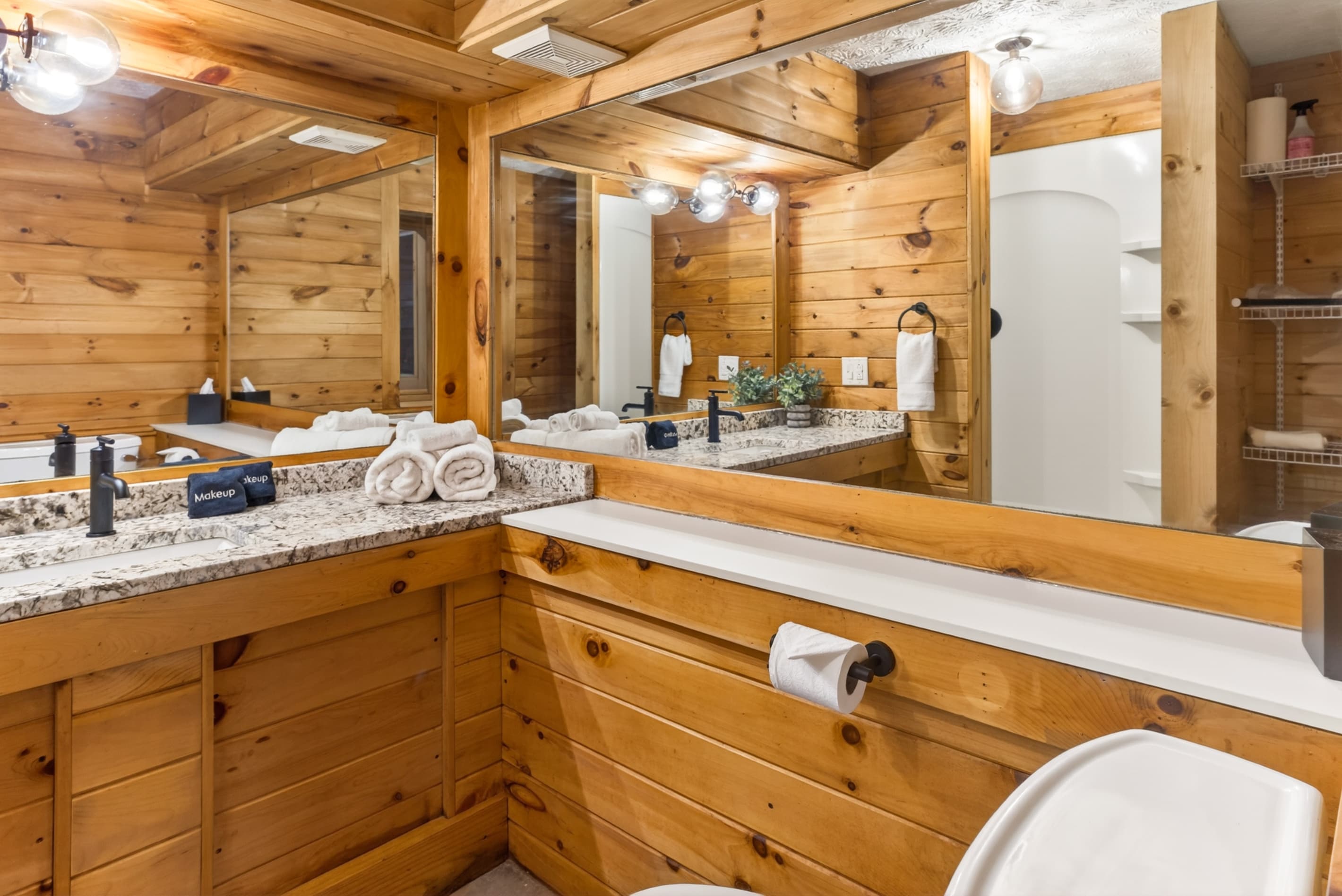 Wood-paneled bathroom with long vanity
