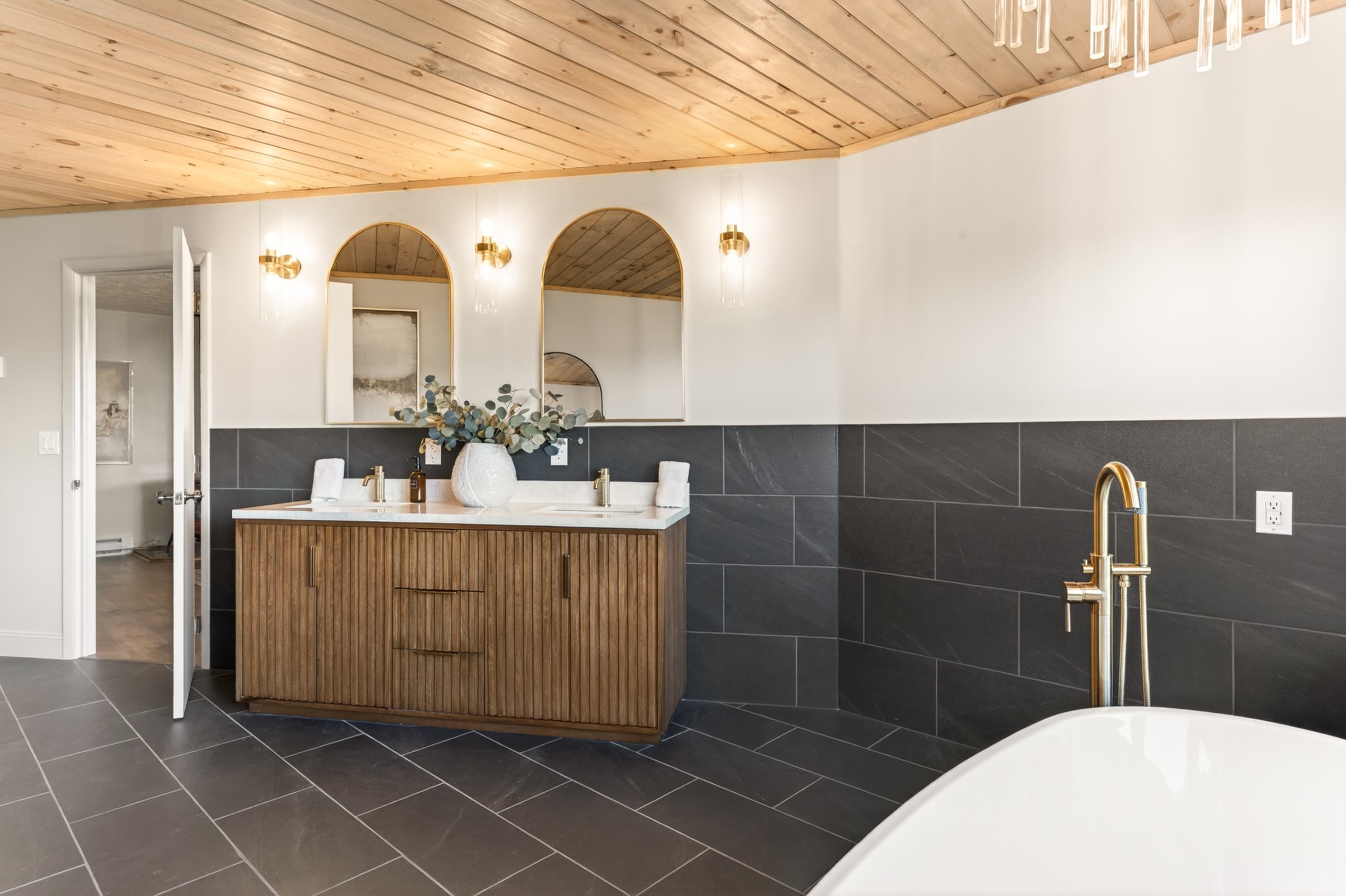 Double-sink vanity with wood cabinetry