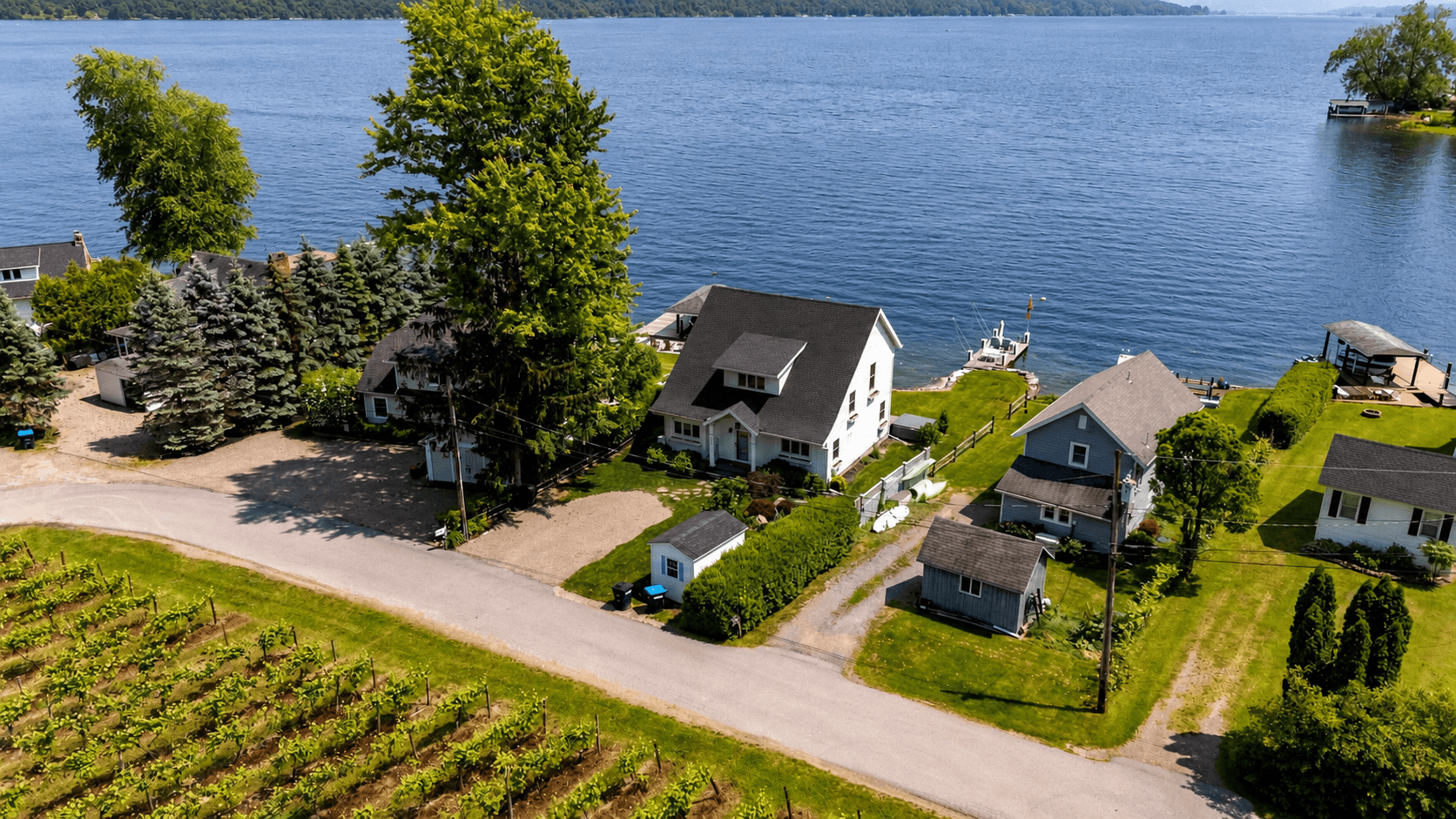 Aerial view of the lakeside property
