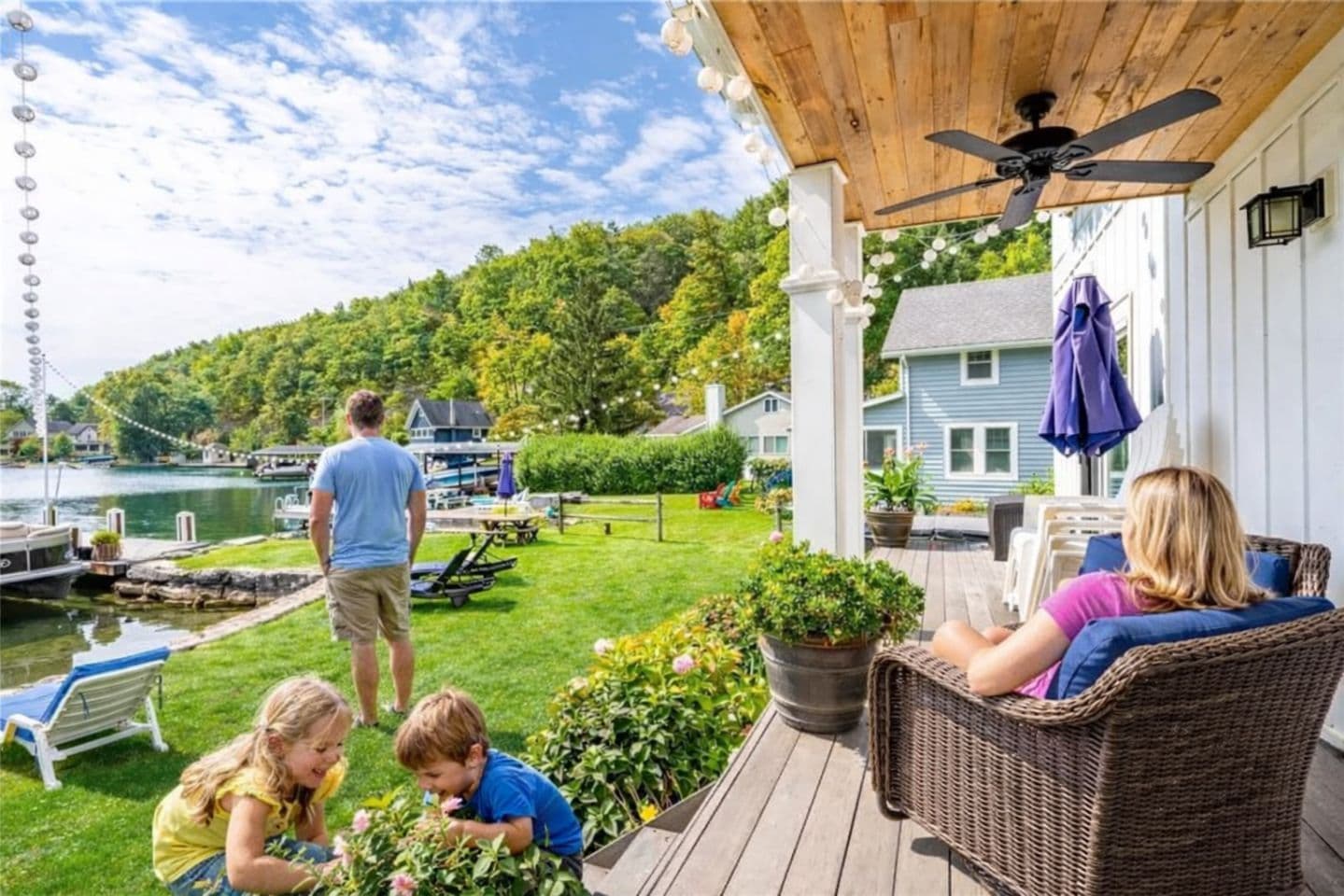 Backyard gathering area beside the lake