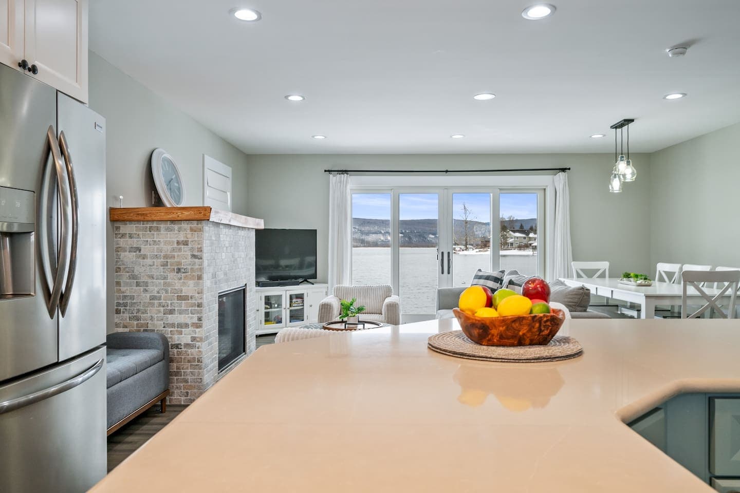 Kitchen view toward the waterfront windows