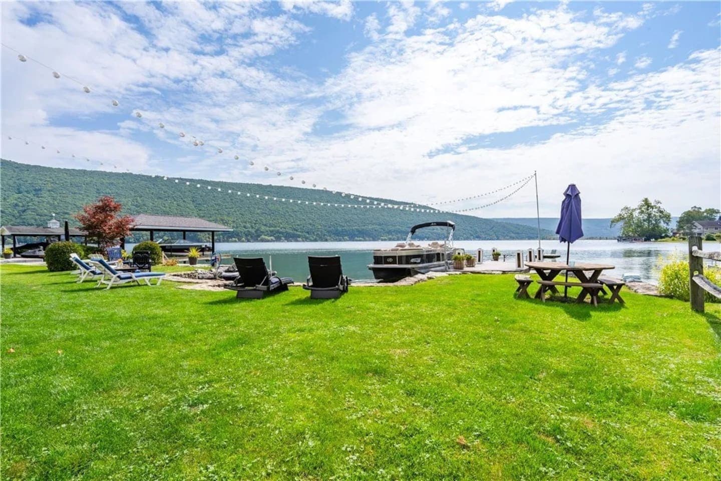 Lakeside lawn with chairs and picnic table
