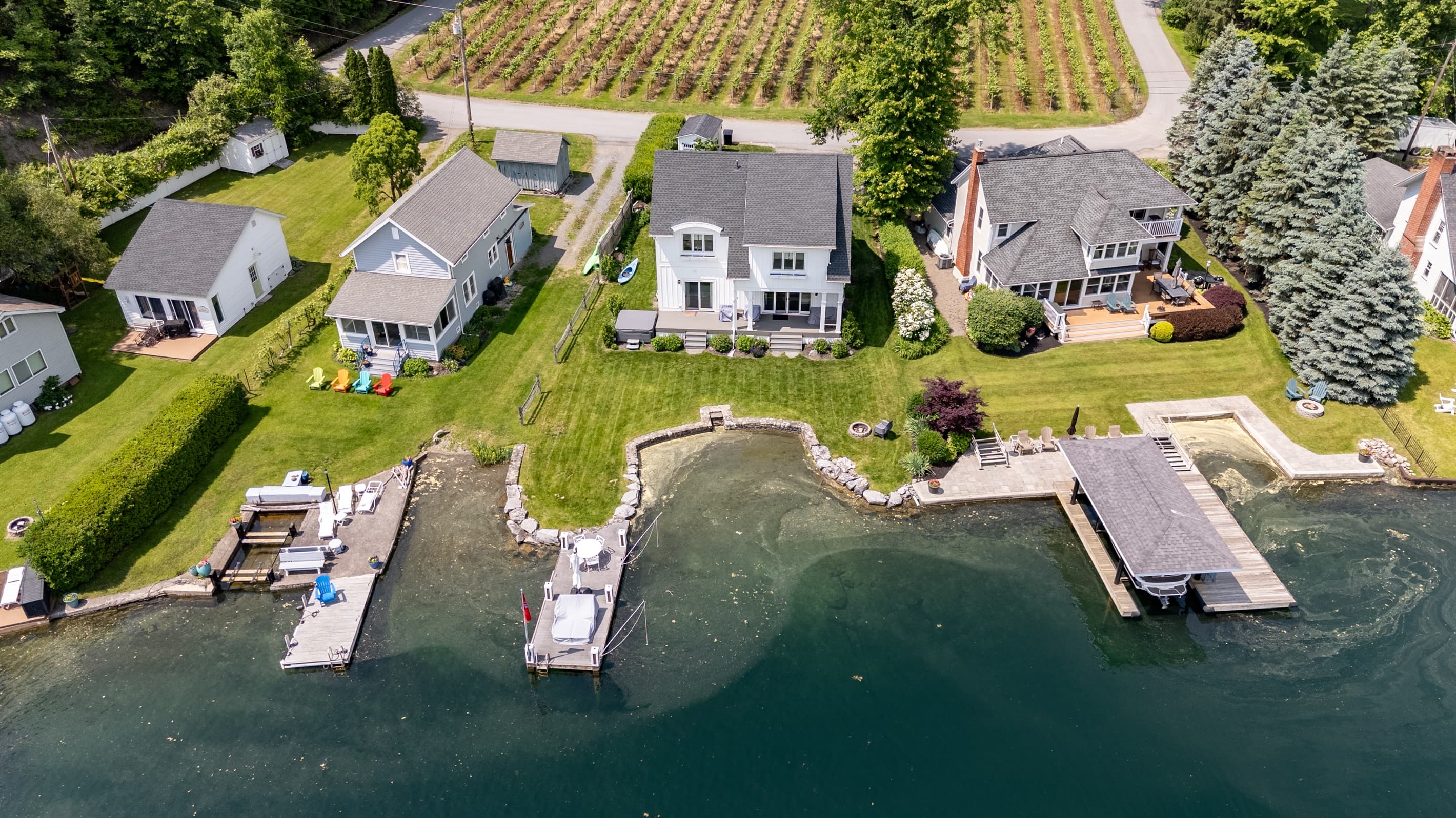 Aerial view of the home and waterfront
