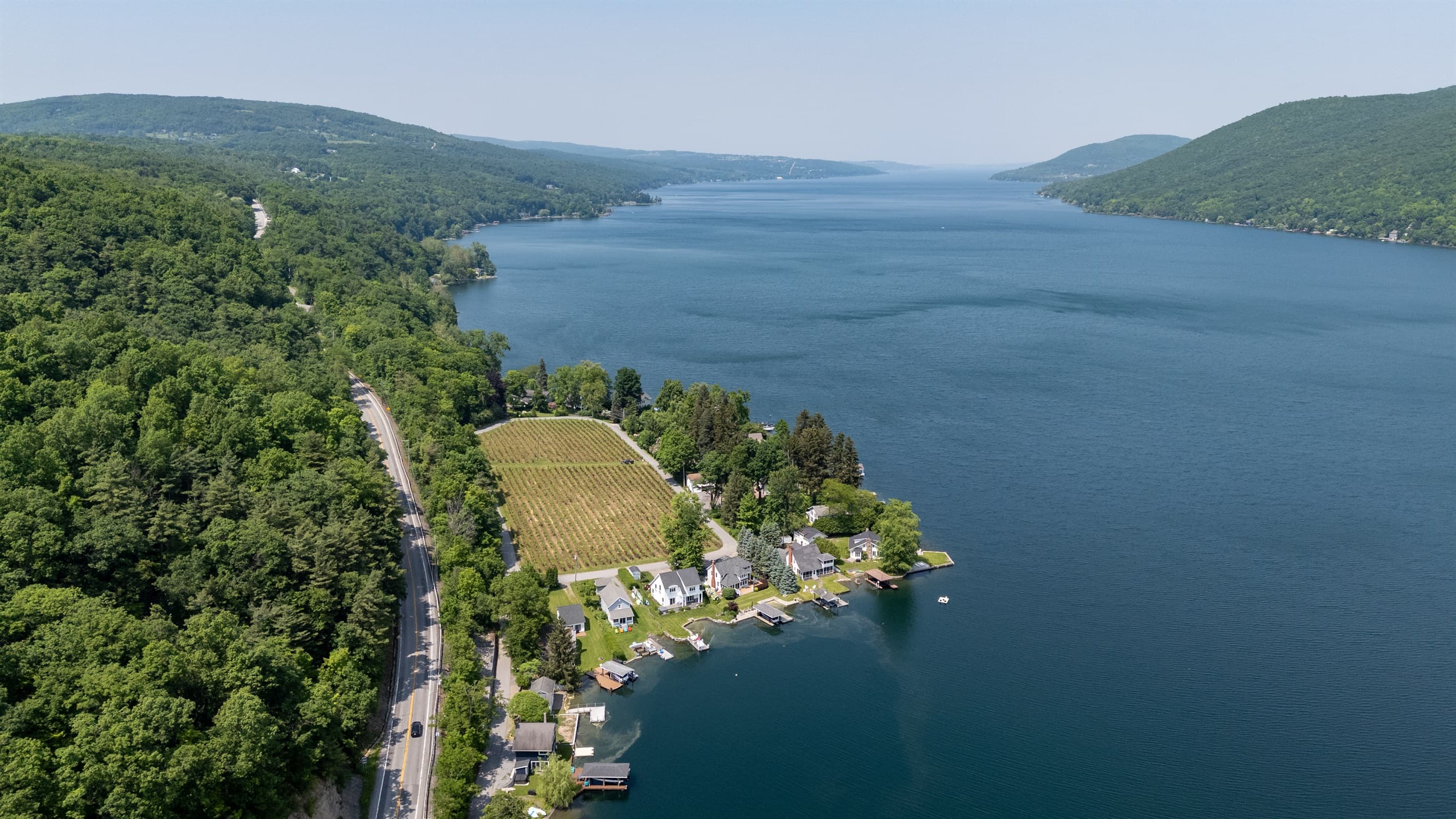 Wide lake view above the wooded hillside