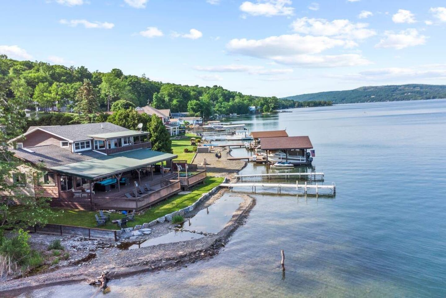 Aerial view of the shoreline and docks