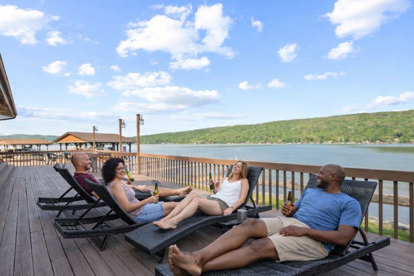 Lakeside deck with table and chairs
