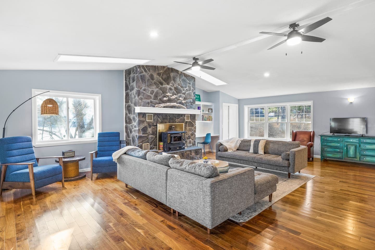 Living area with sectional and fireplace