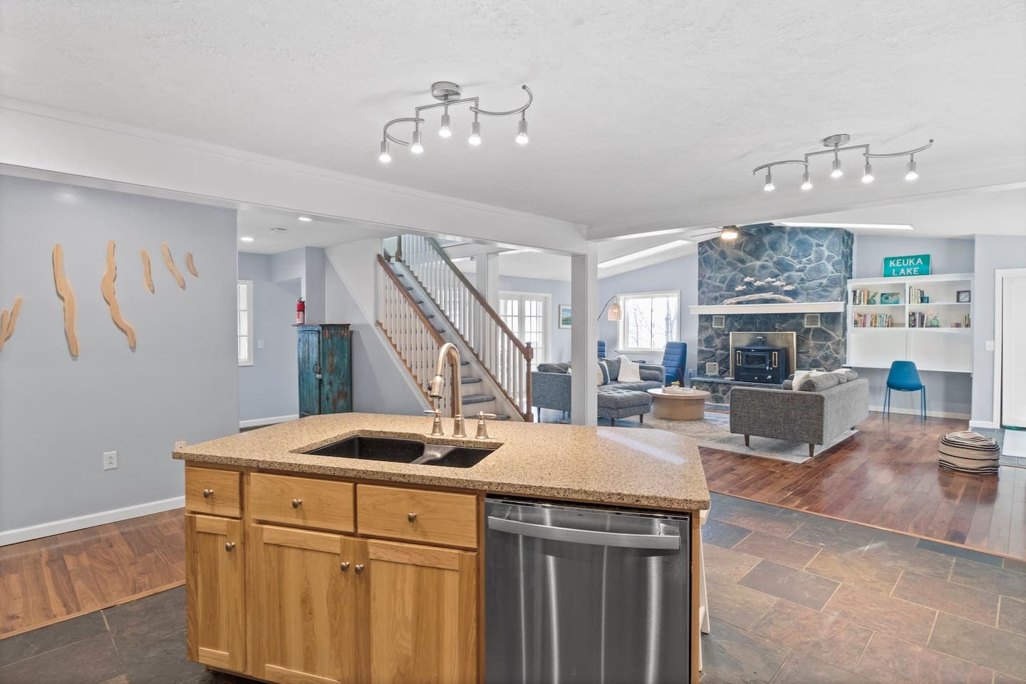 Kitchen island overlooking the living area