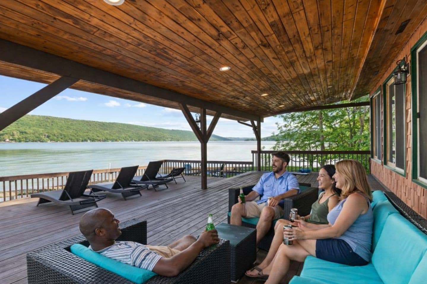 Shaded lounge seating overlooking the water