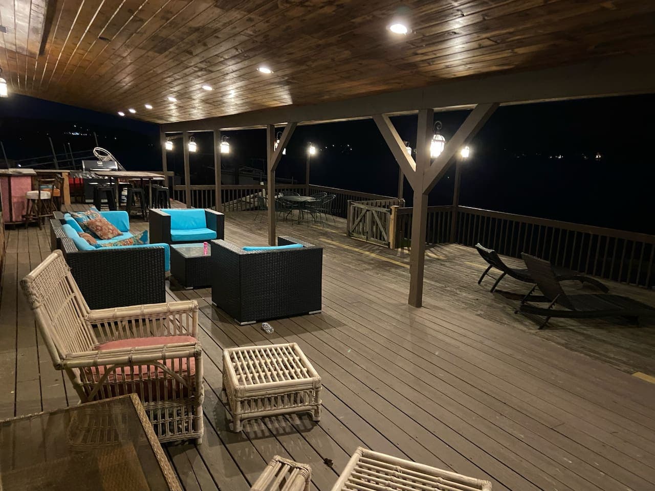 Deck seating illuminated at night