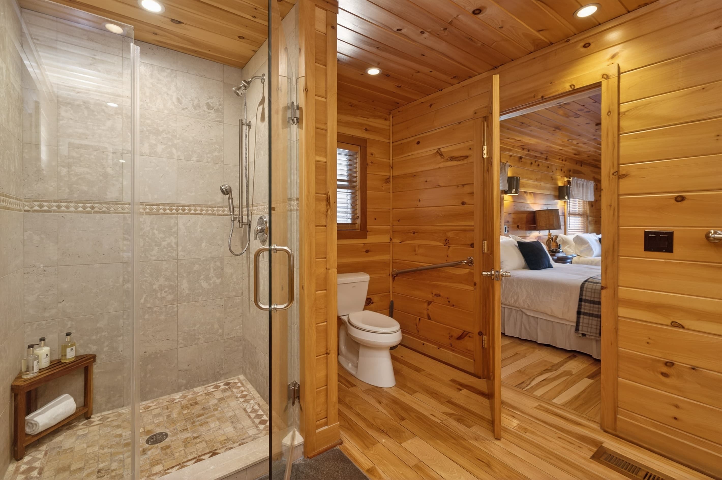 Bathroom with glass-enclosed shower