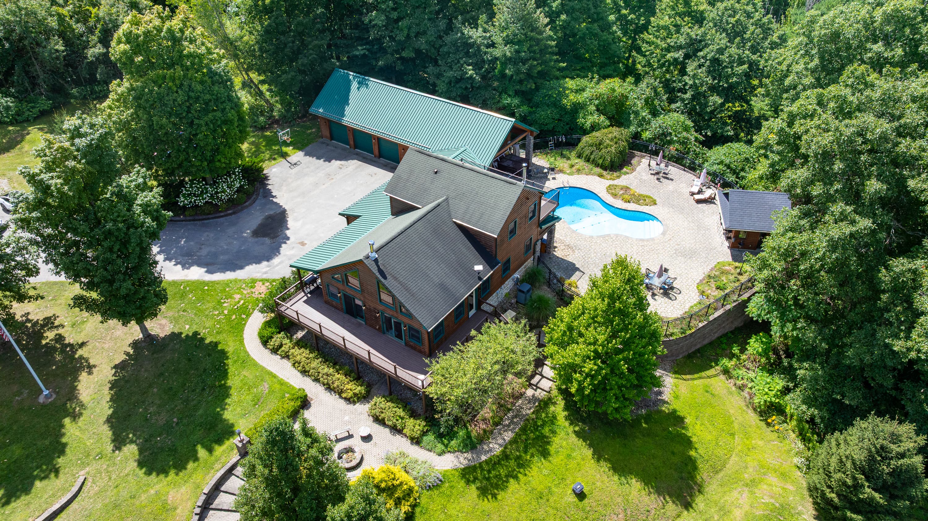 Aerial view of the house and pool