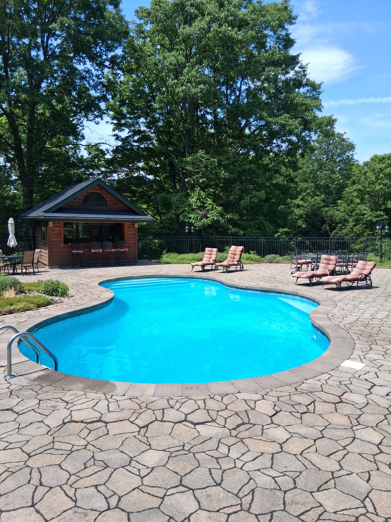 Pool area featuring the tiki bar surrounded by trees