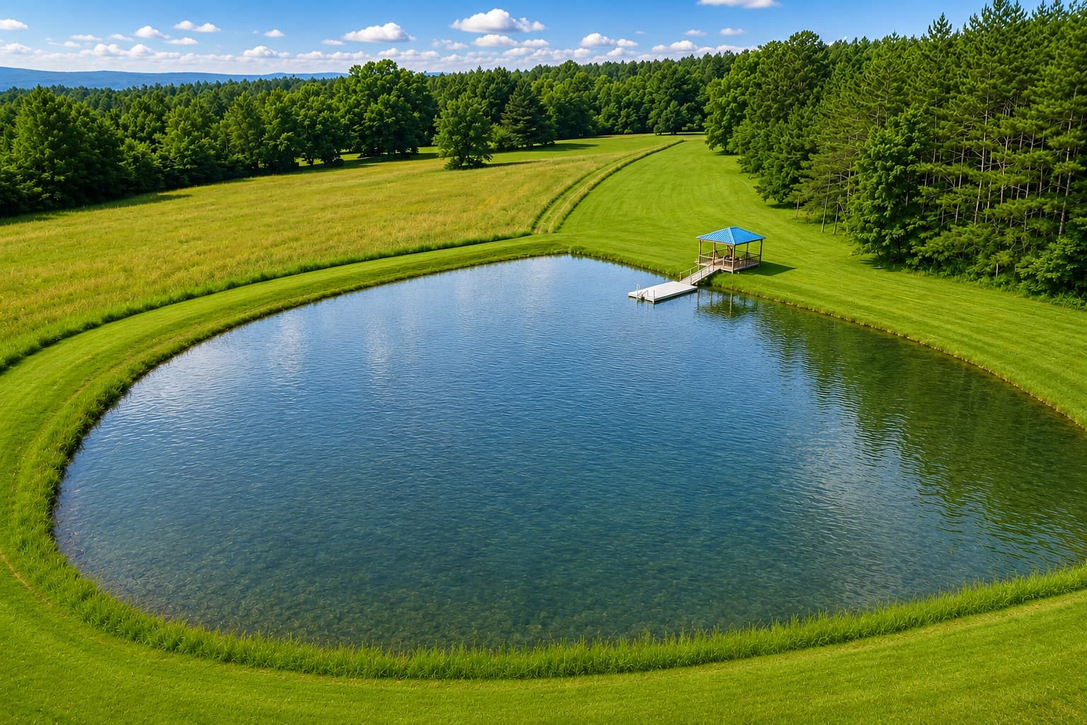 Private pond surrounded by open lawn