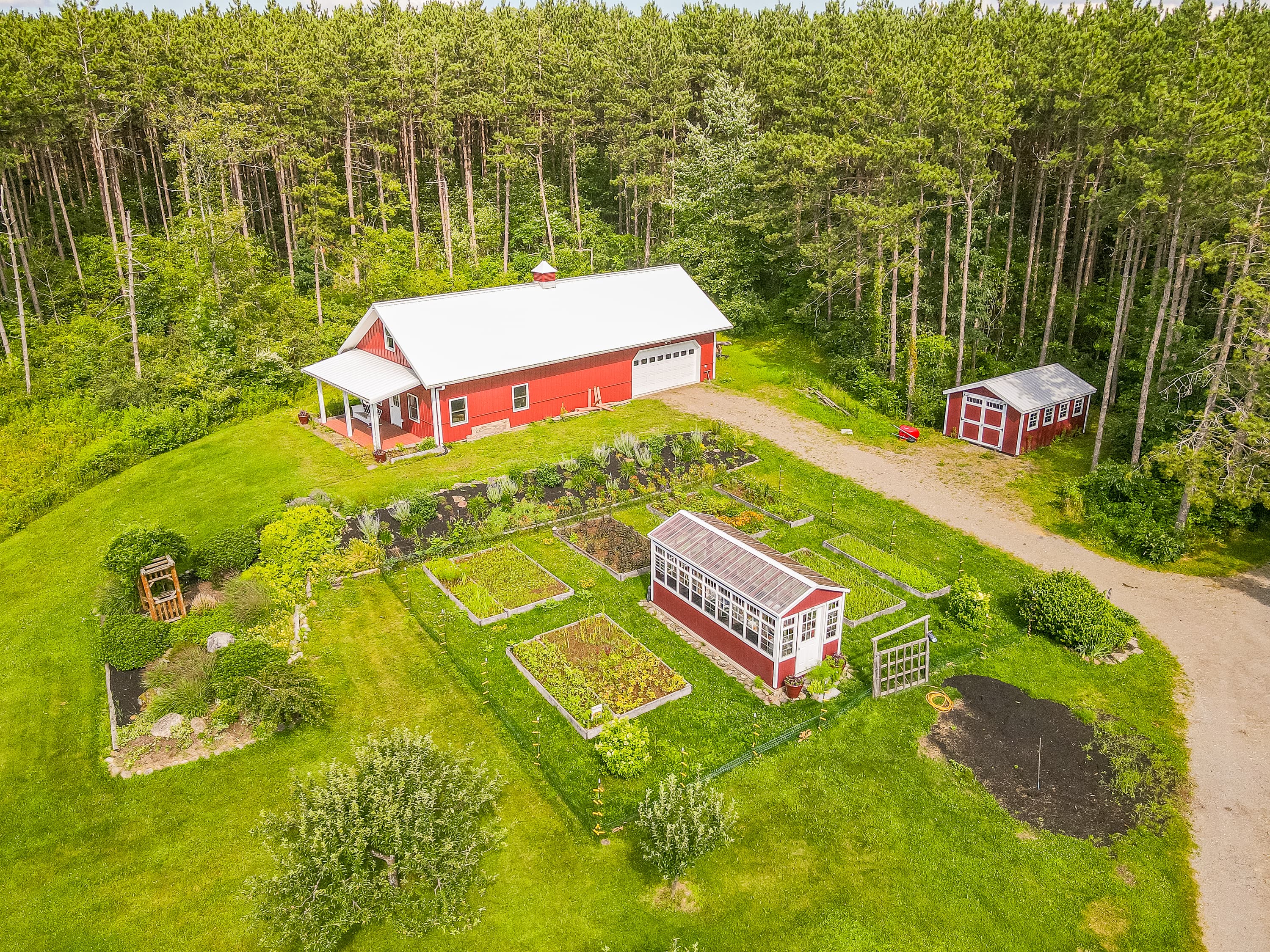 Red barn and outbuildings among the trees