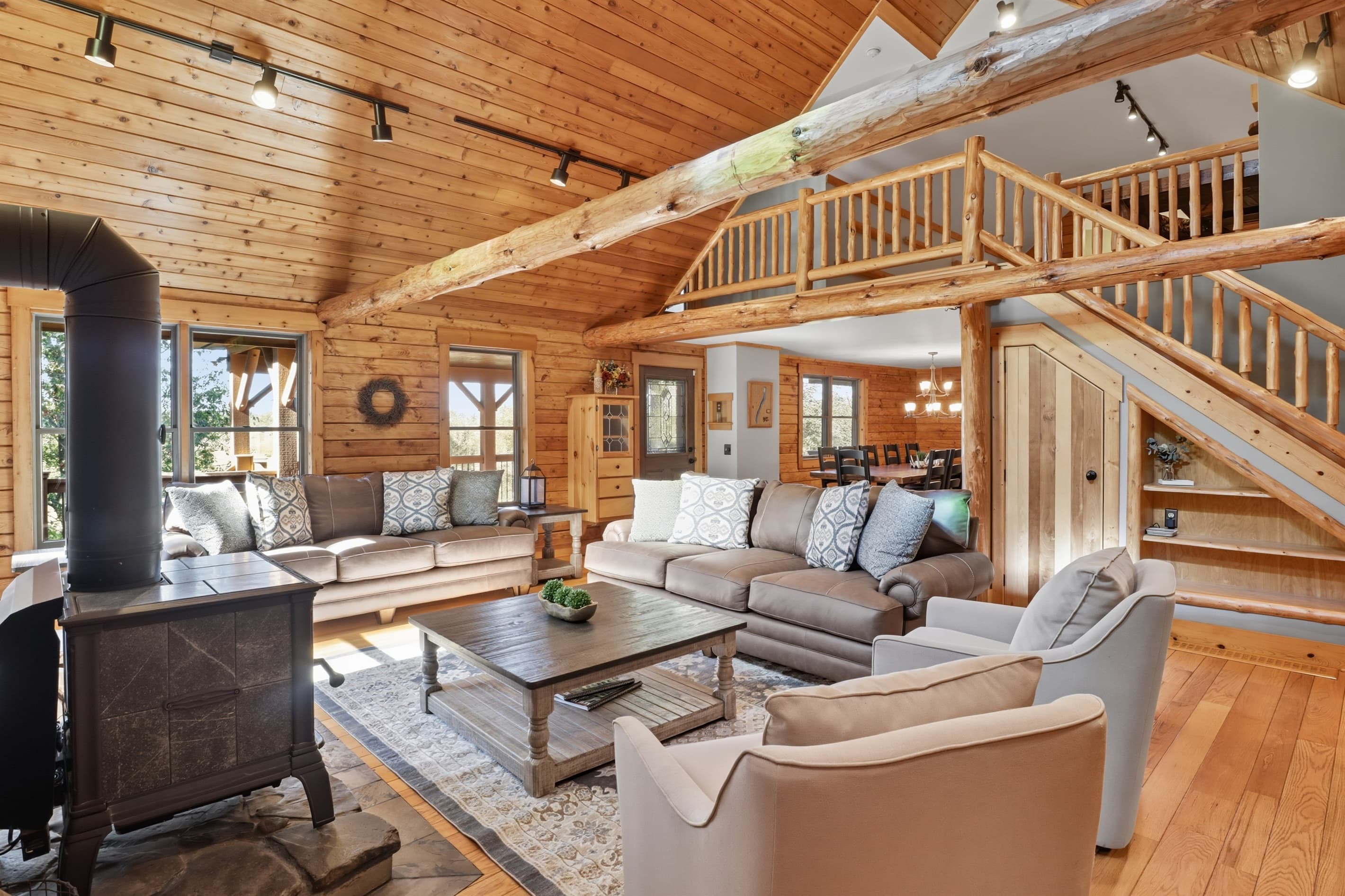 Open living area beside the staircase