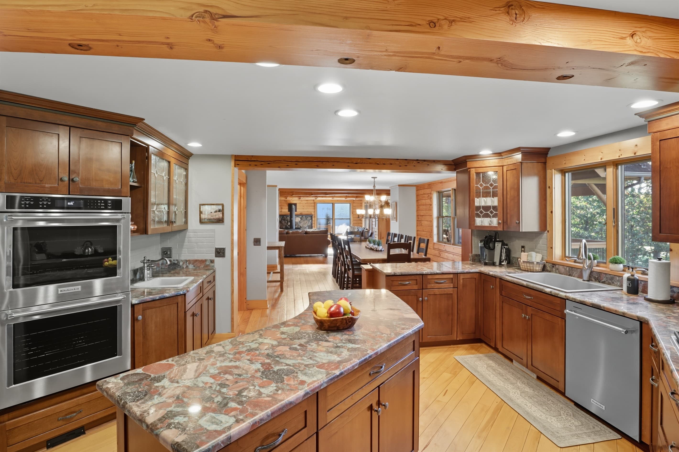Kitchen with double ovens and center island