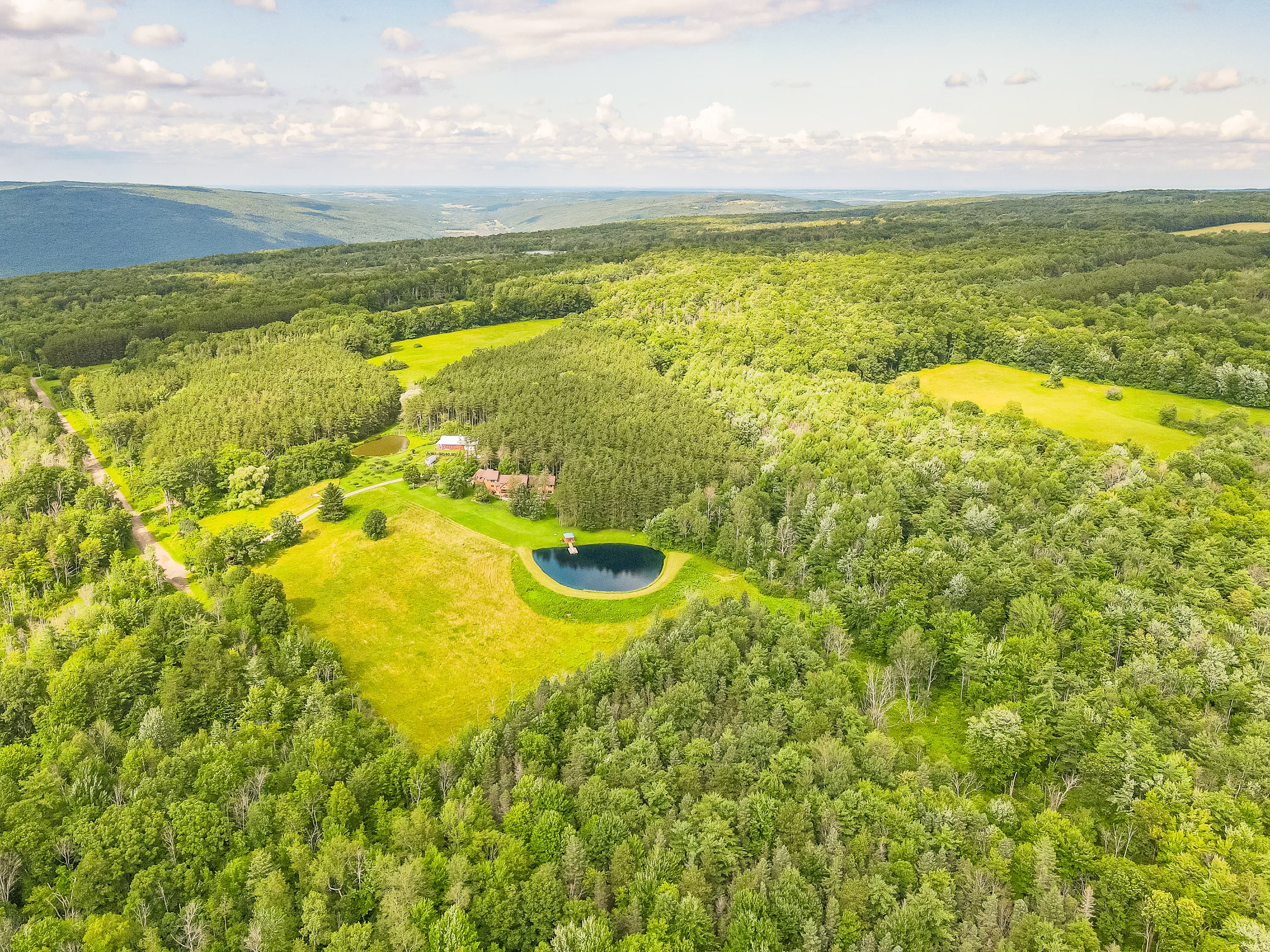Wide aerial view of fields and water
