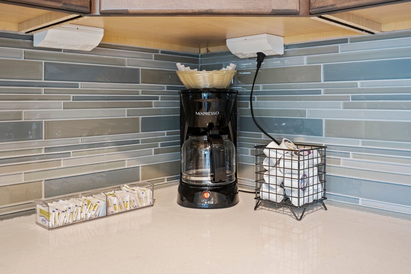 Countertop coffee station with supplies