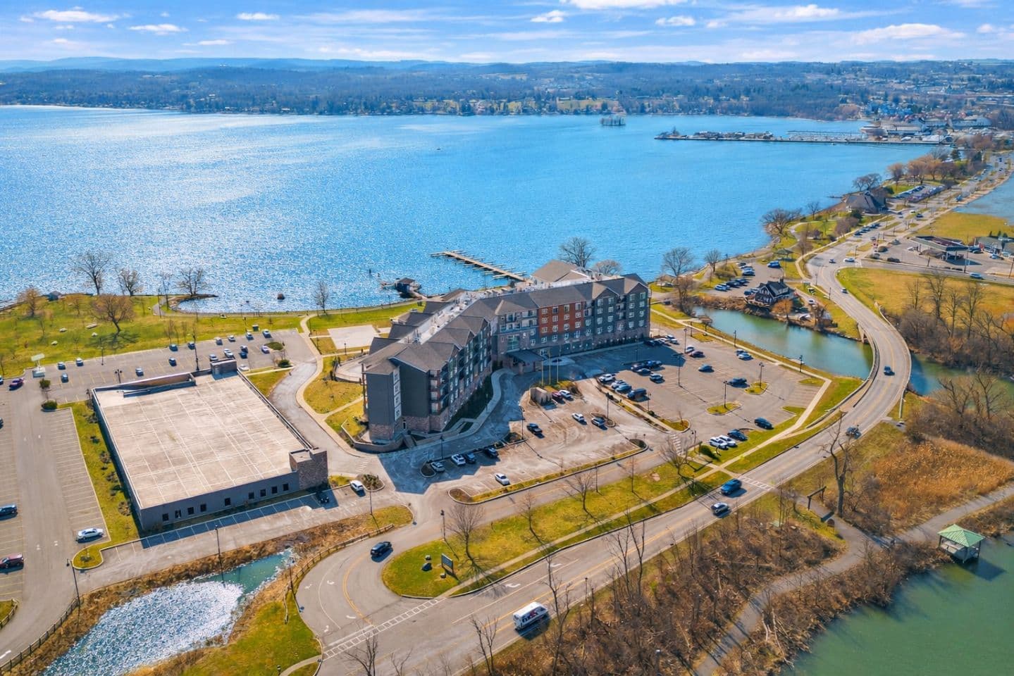 Aerial view of the lakeside hotel
