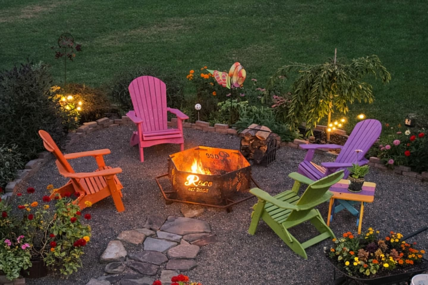 Colorful Adirondack chairs surrounding the fire pit