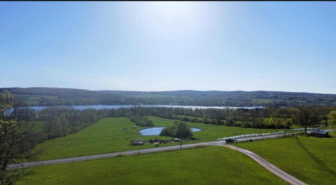 Aerial view of fields, pond, and distant hills