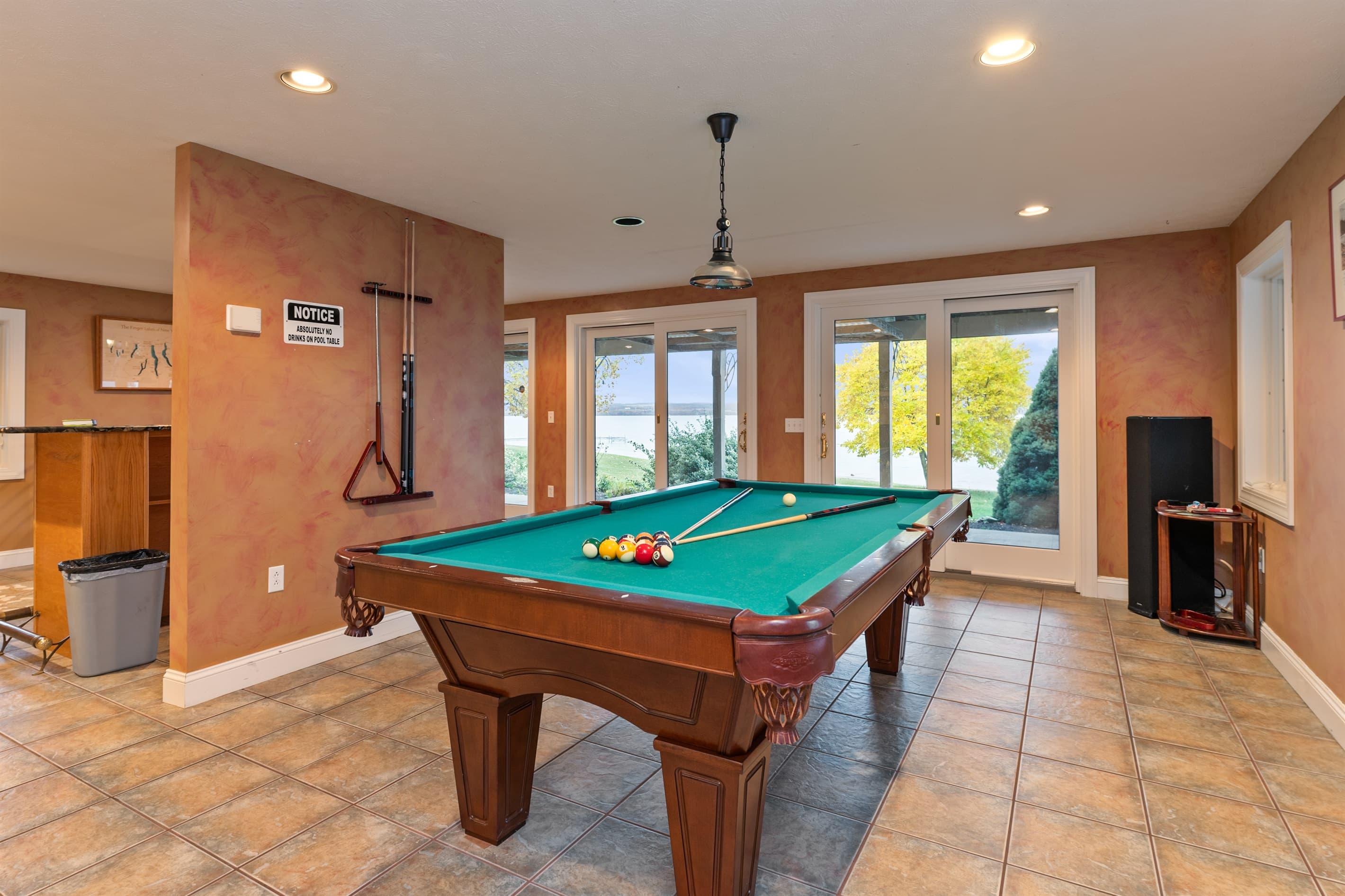 Billiards table in the lower-level game room
