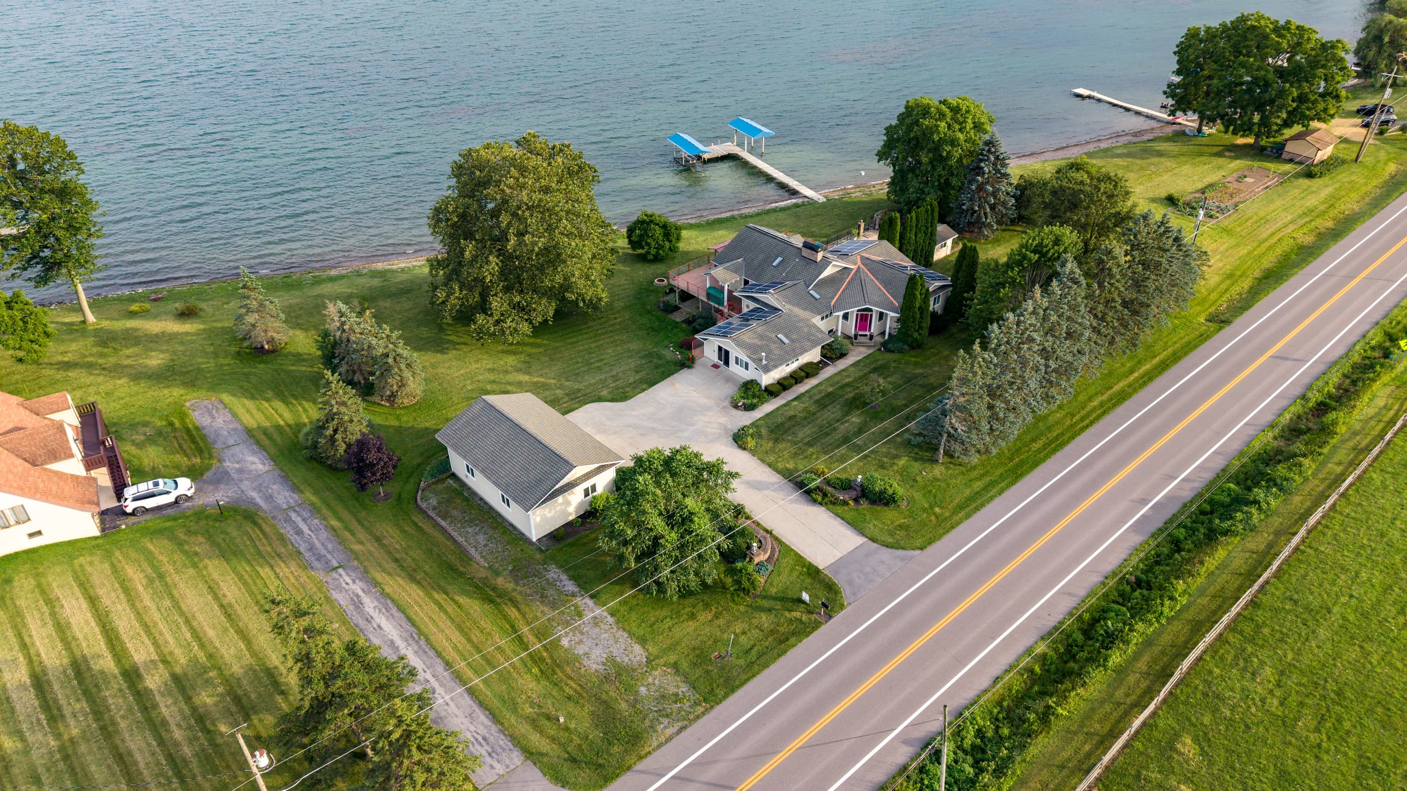 Overhead view of the waterfront property and road