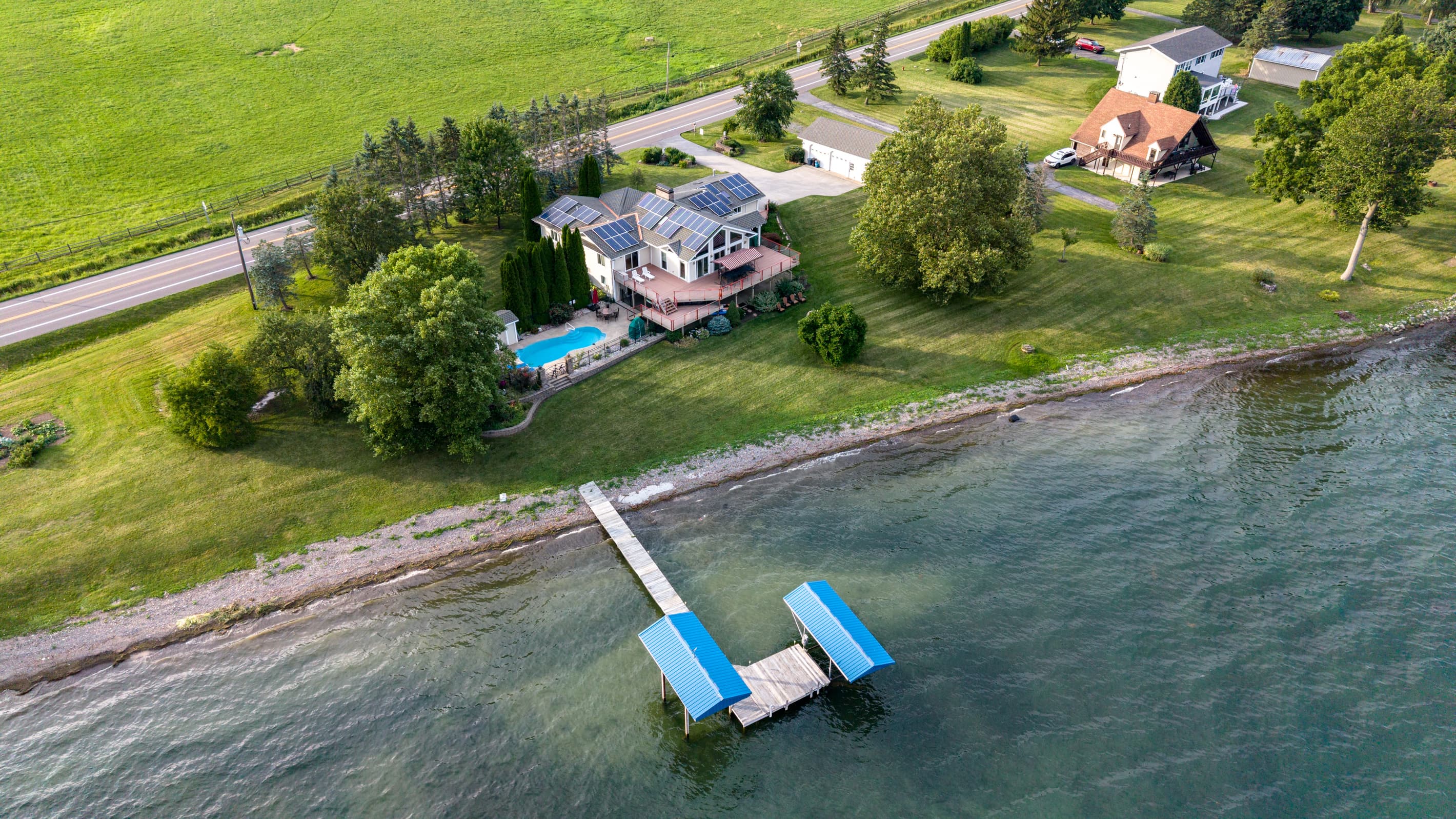 Twin dock sections extending into the lake