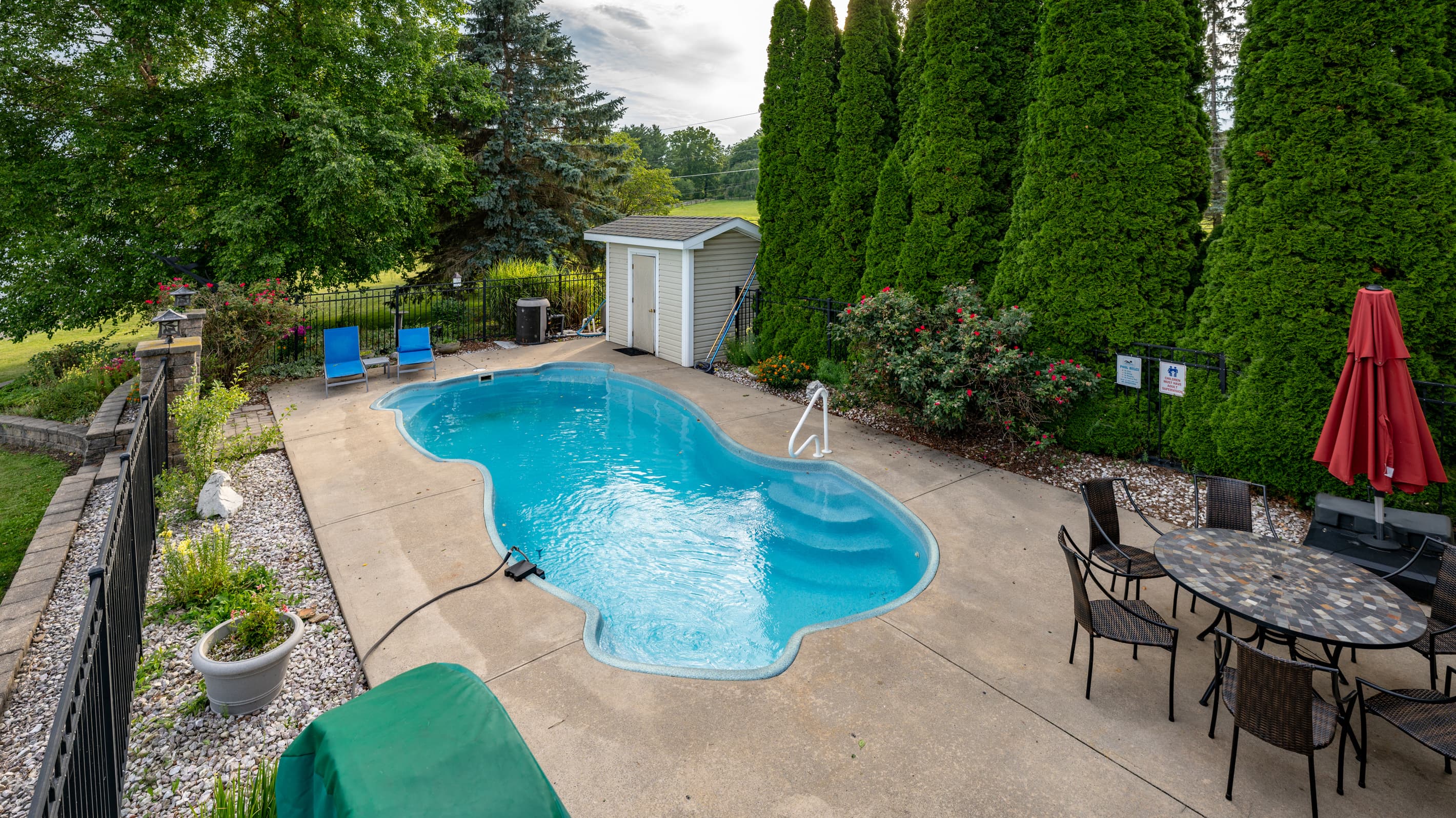 Pool patio bordered by trees and tall evergreens