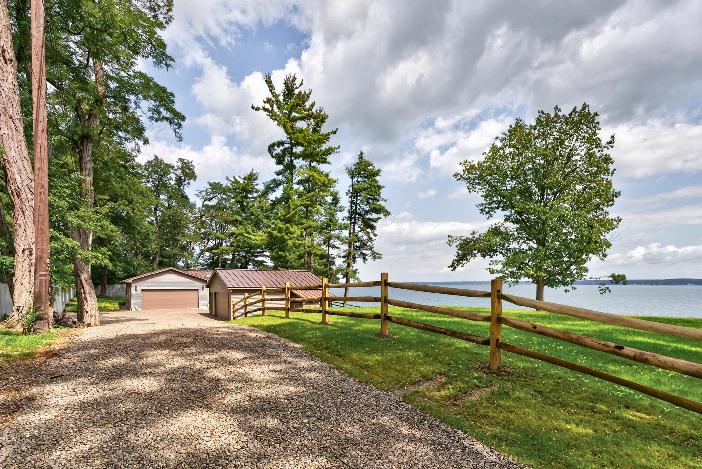Gravel driveway overlooking the water