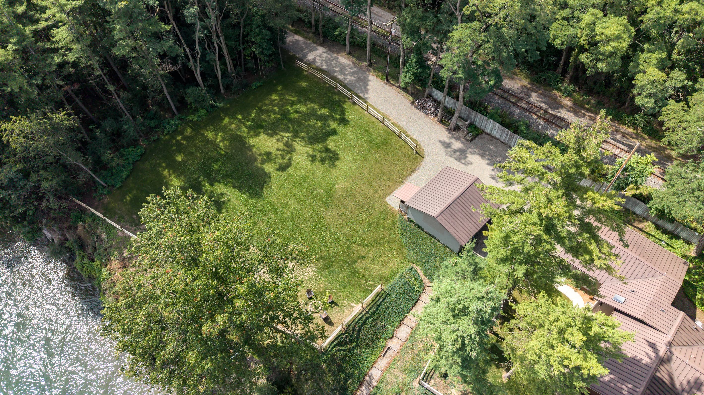 Aerial view of lawn and garage