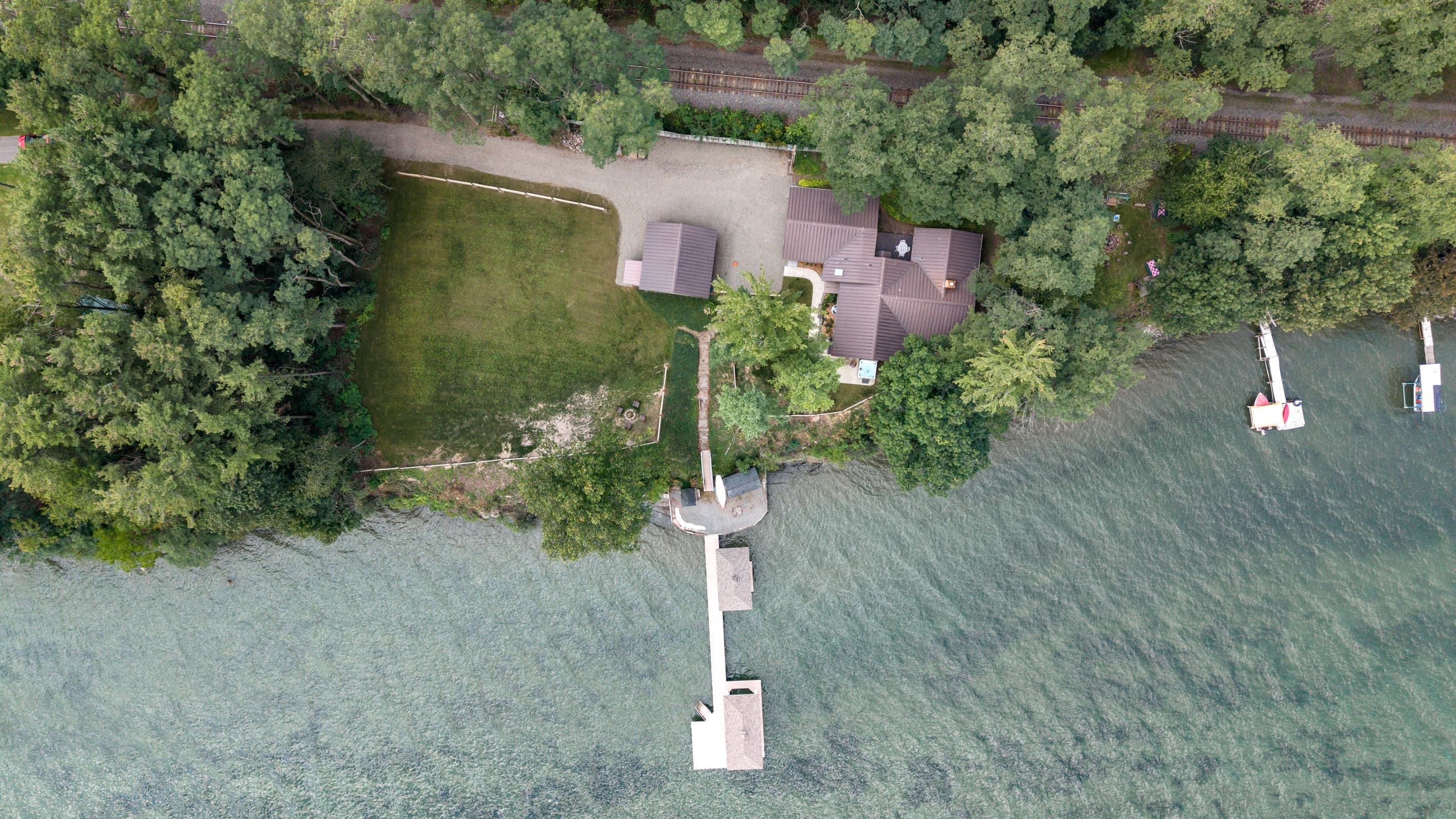Overhead view of home and dock