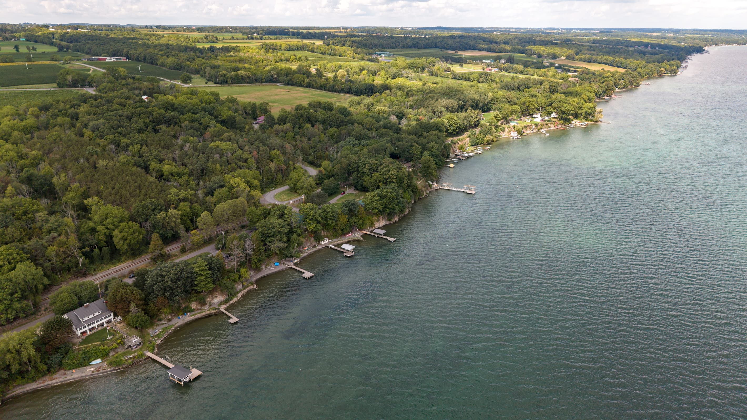 Aerial view along the lake shoreline