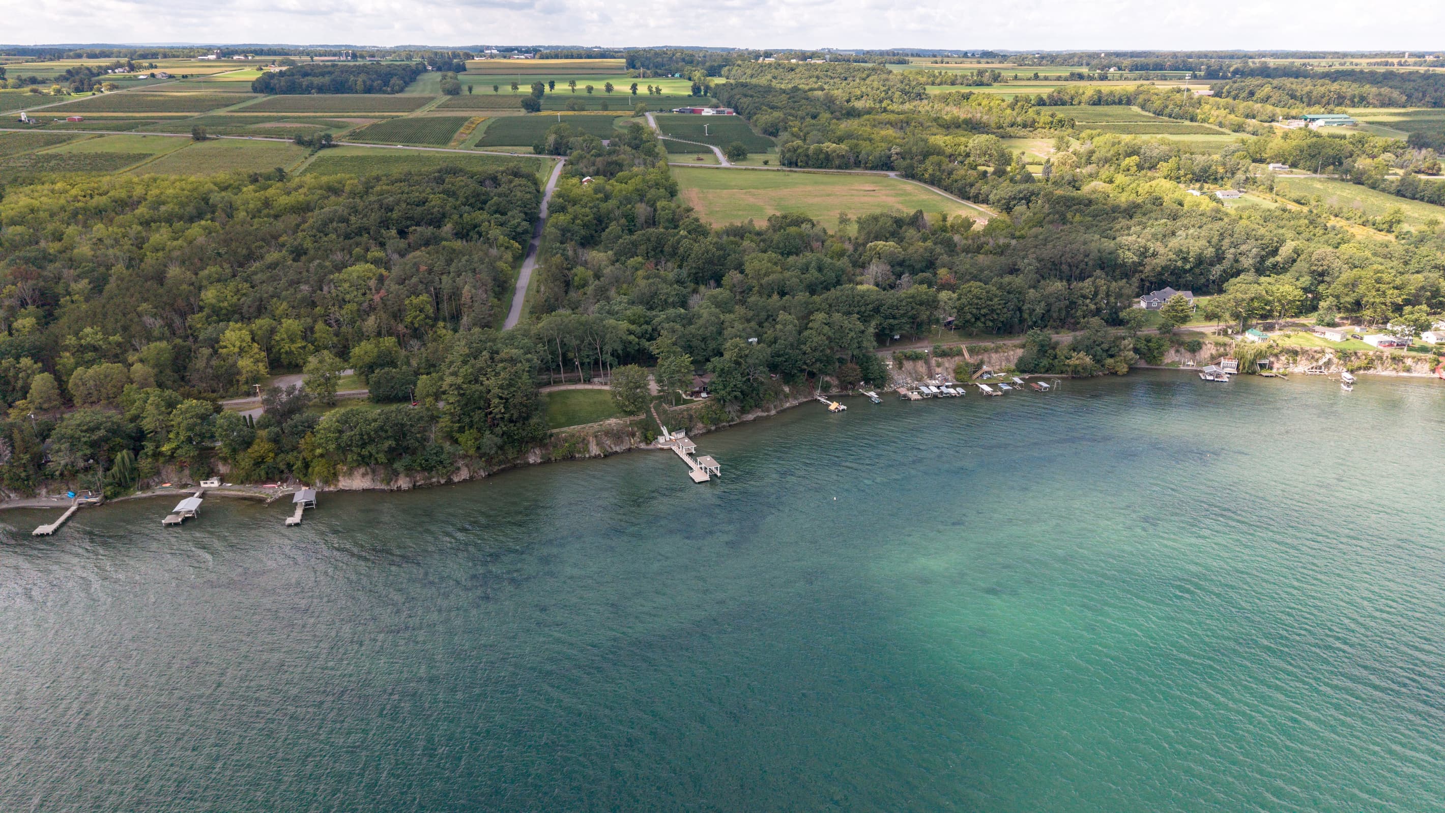 Wide aerial view of the lakefront neighborhood
