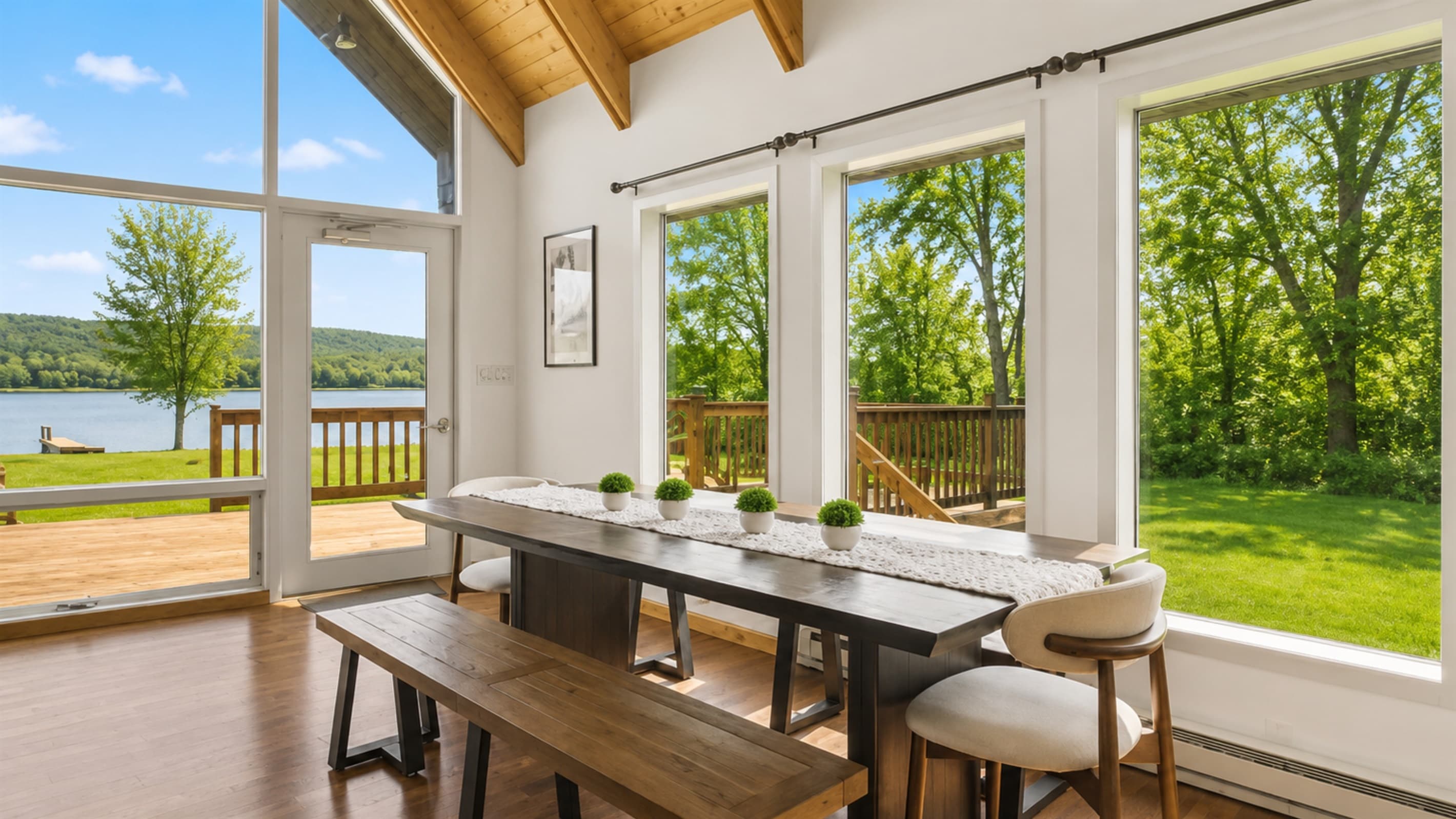 Dining space surrounded by large windows