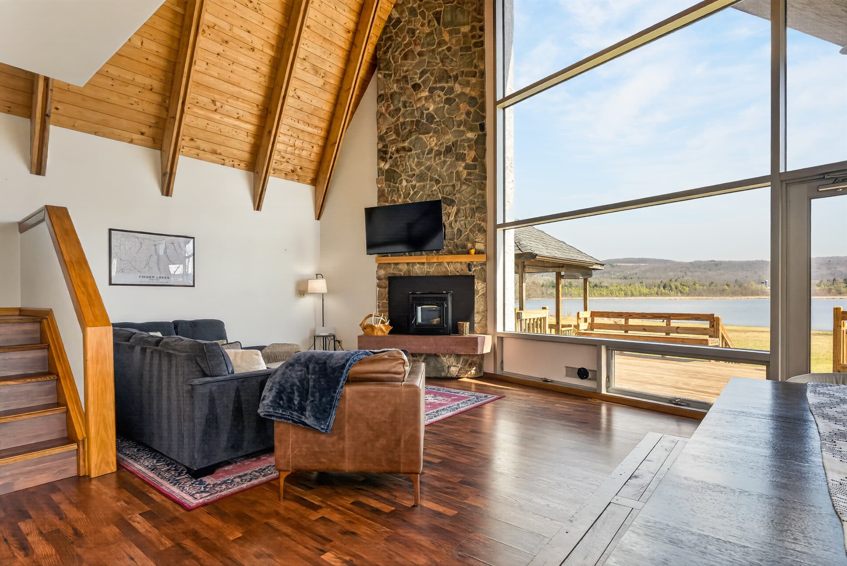 Living room seating beside the staircase