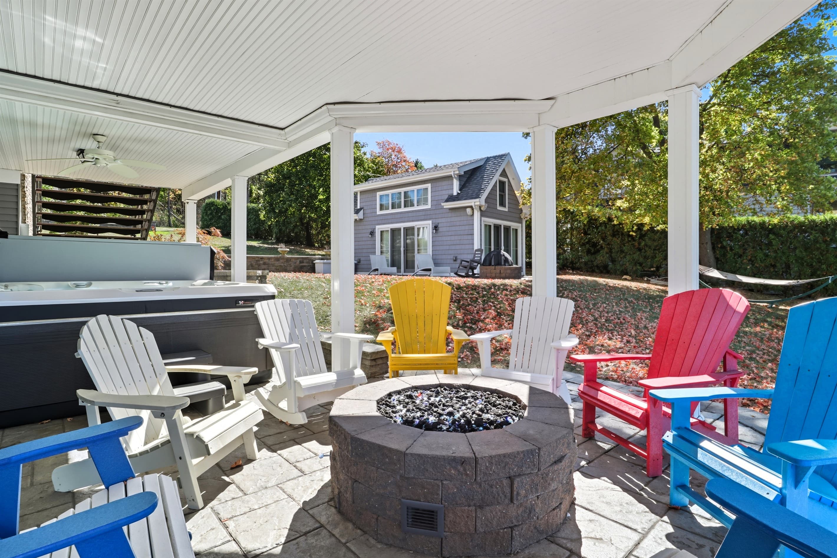 Covered patio with fire pit seating