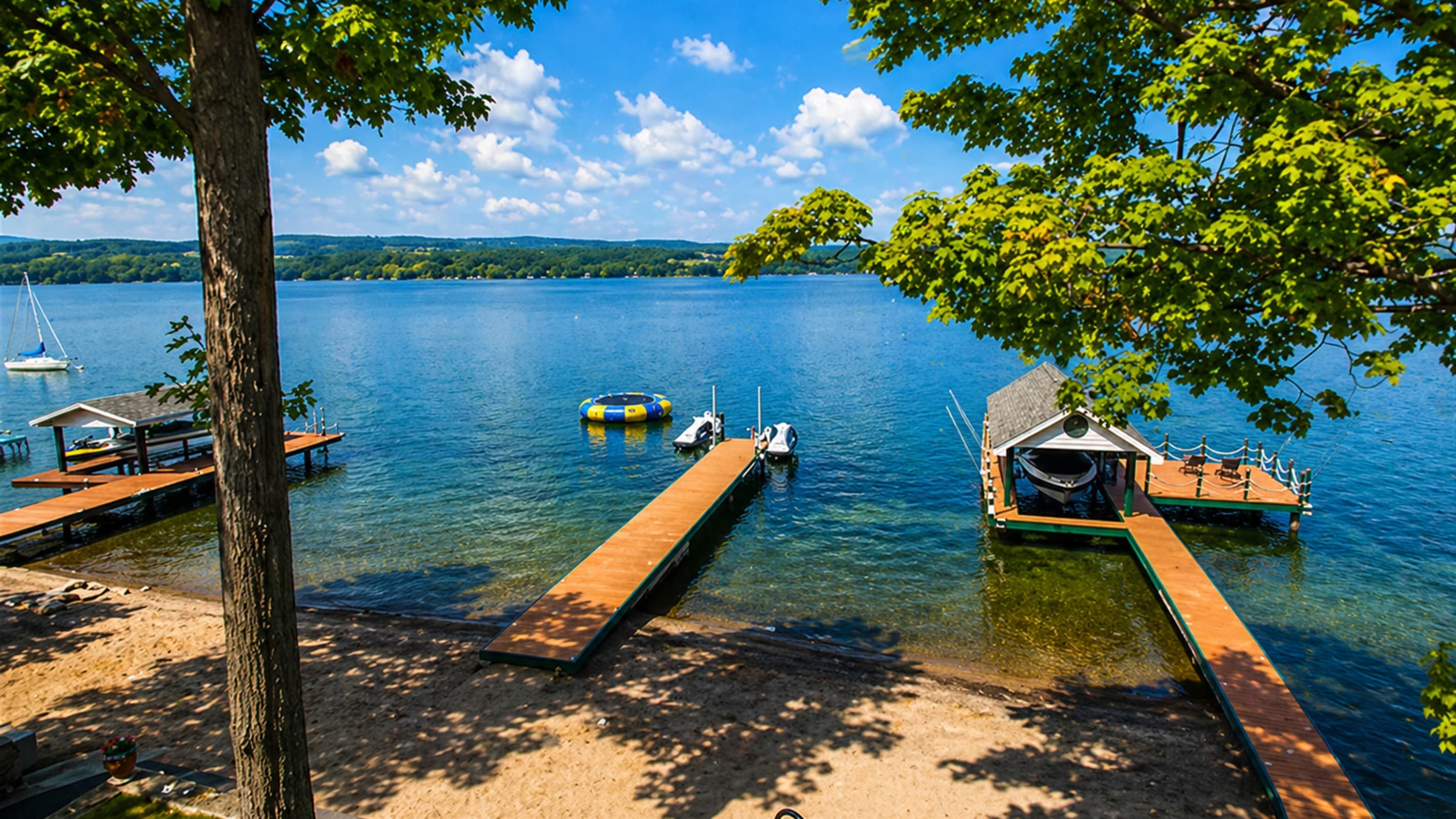 Dock and covered boat lift beside shoreline