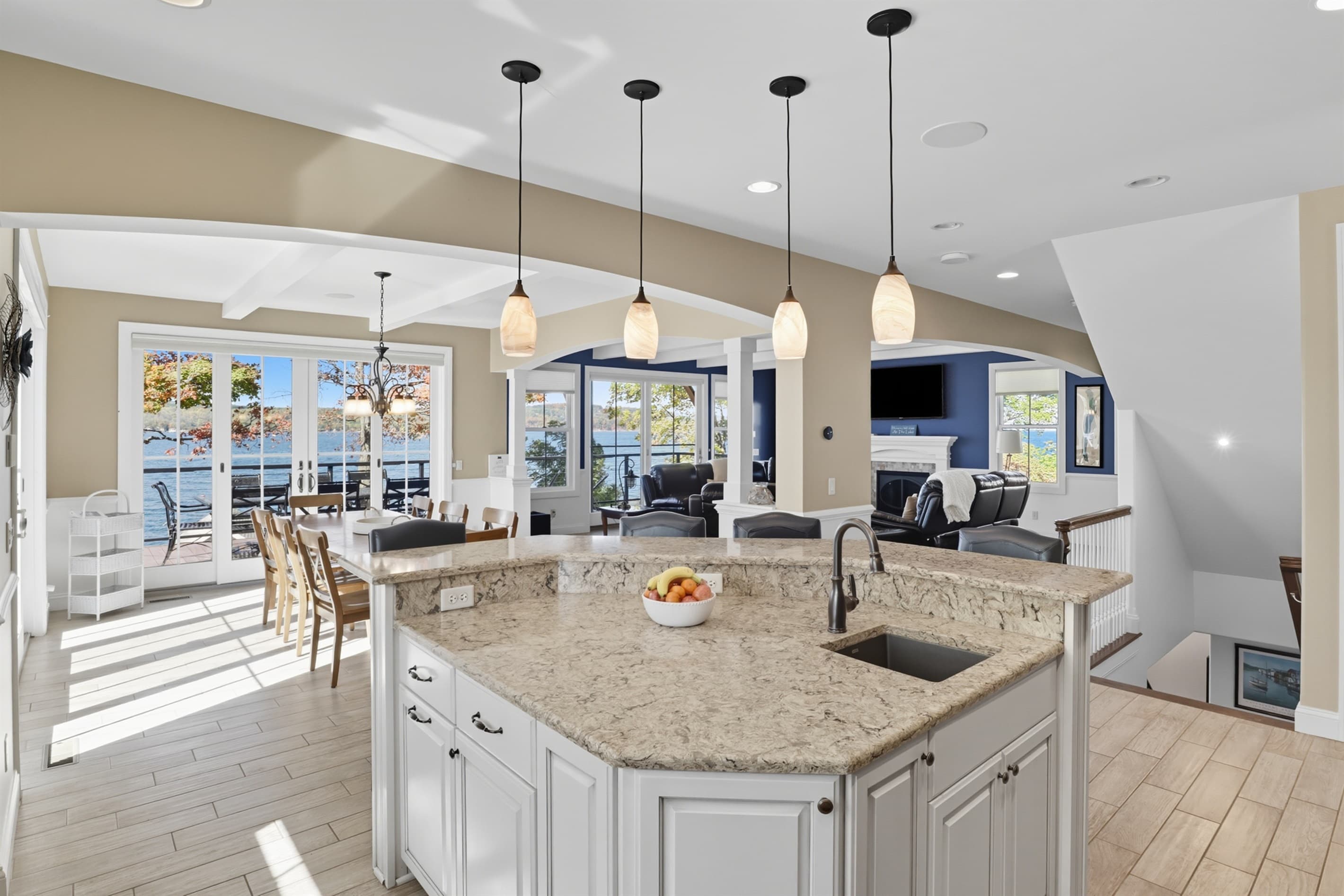 White kitchen with pendant lighting