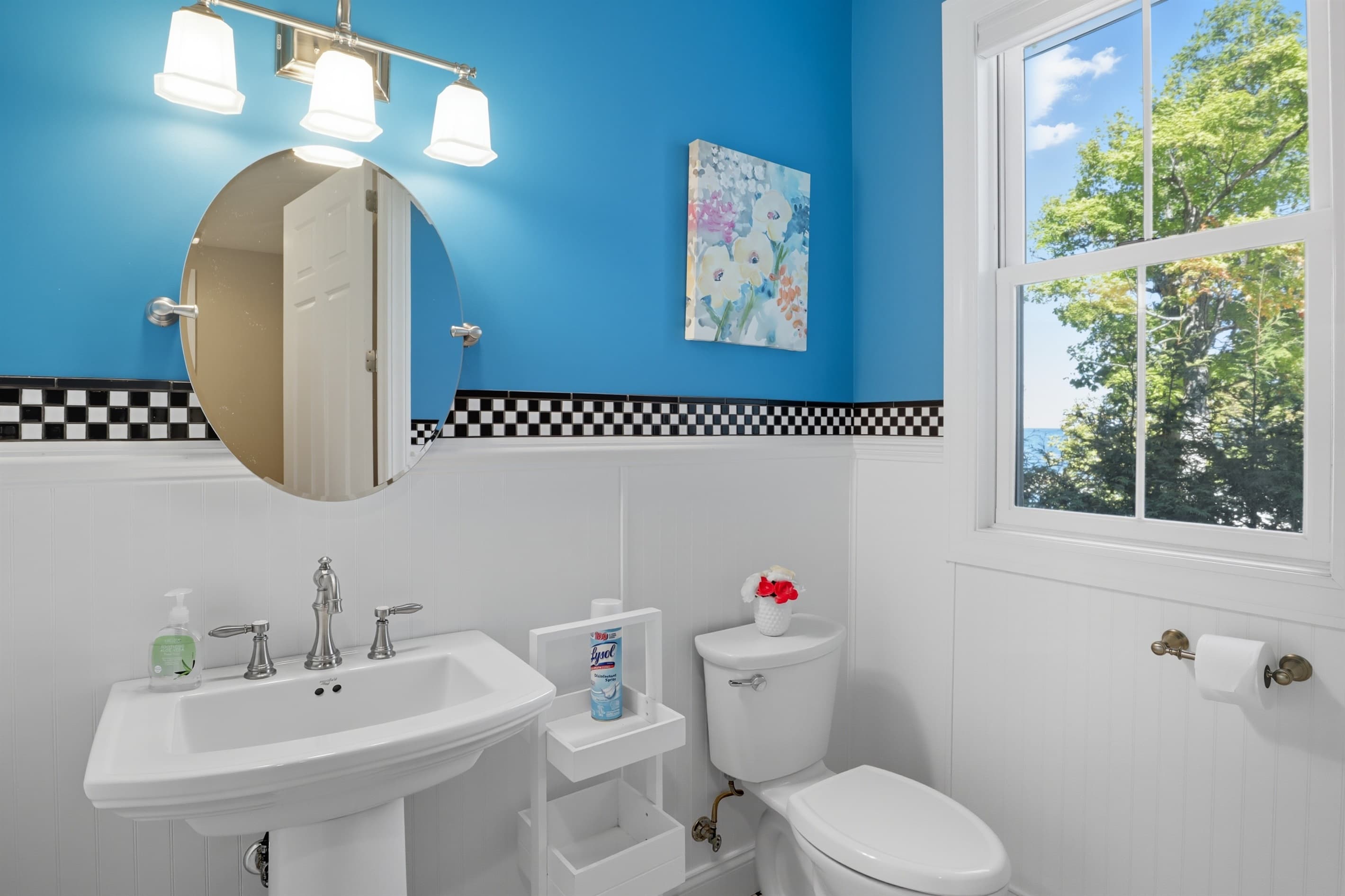 Blue bathroom with pedestal sink