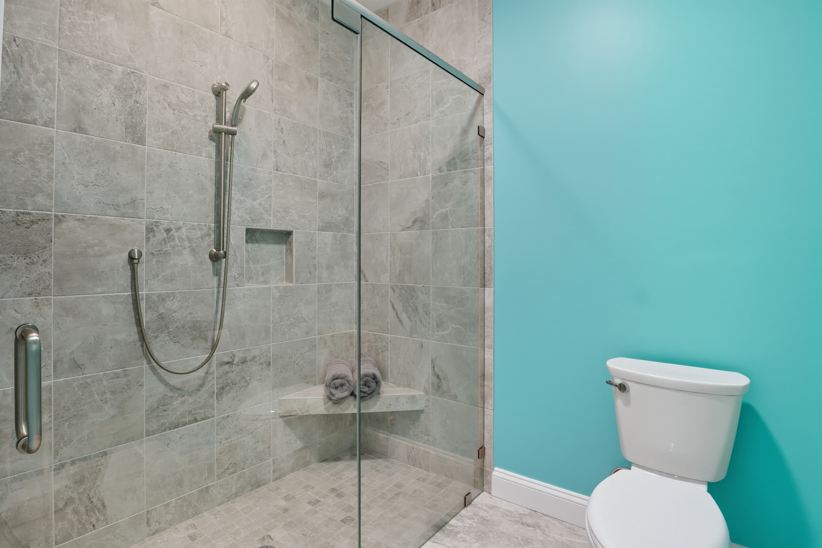 Glass-enclosed walk-in shower