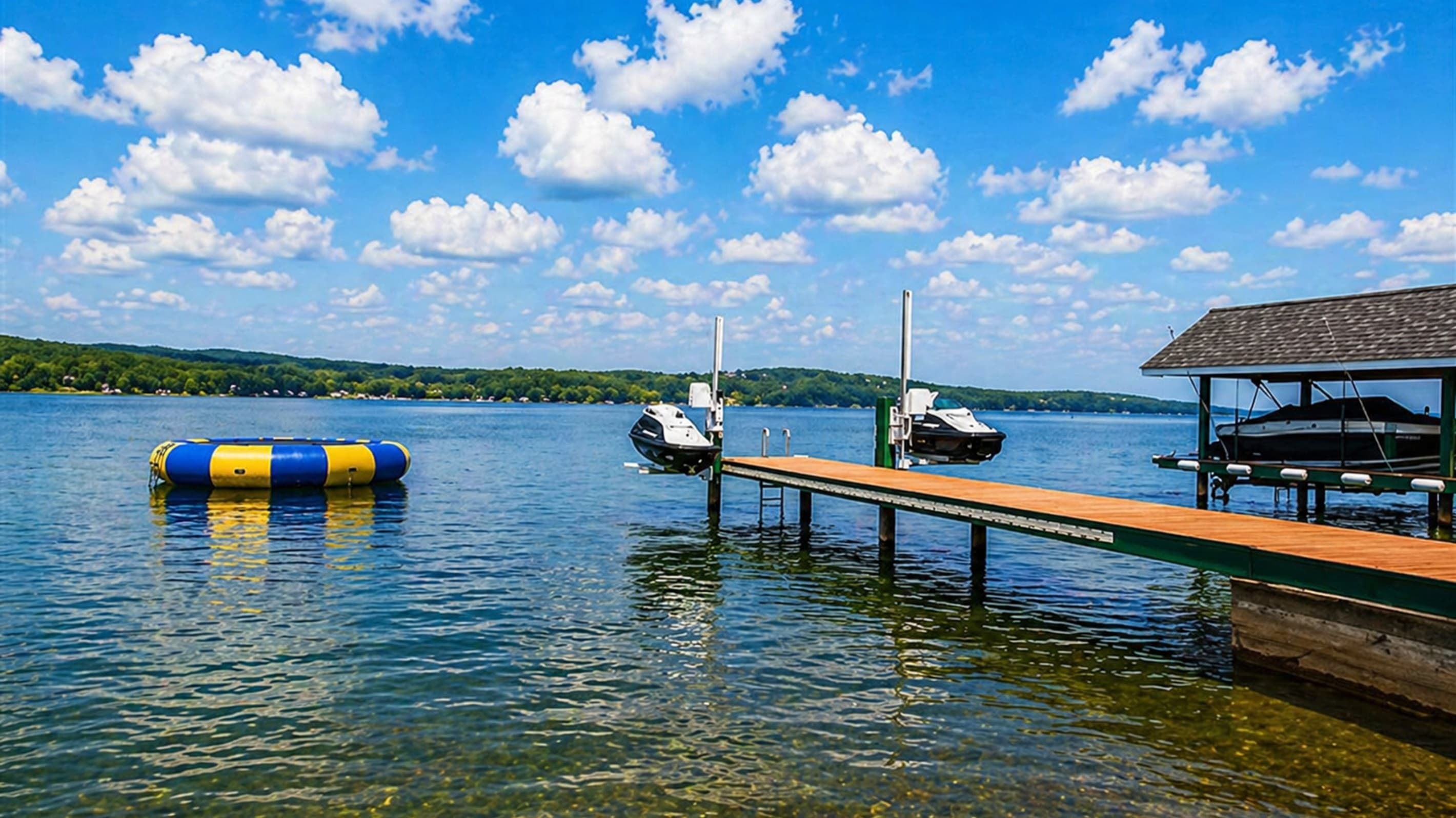 Dock with covered platform and water trampoline (Water trampoline isnt part of the property) 