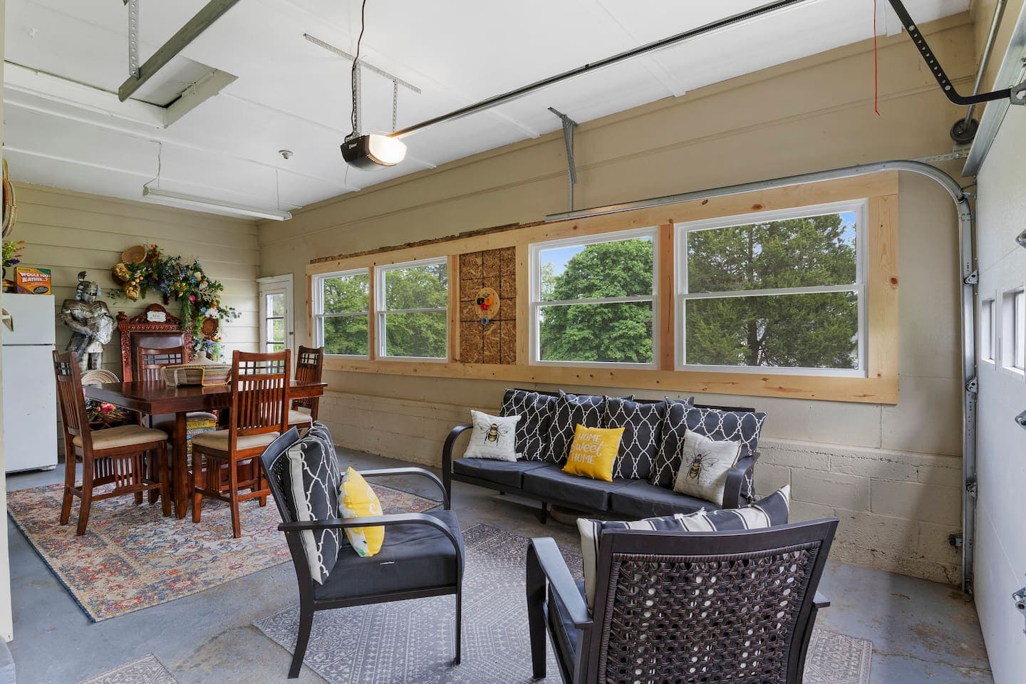 Sunroom with dining and lounge seating