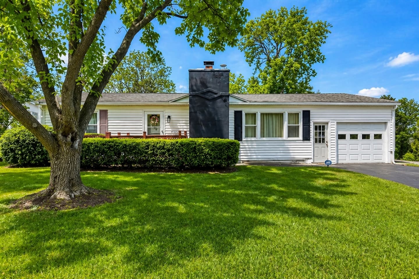 Front exterior beneath mature trees